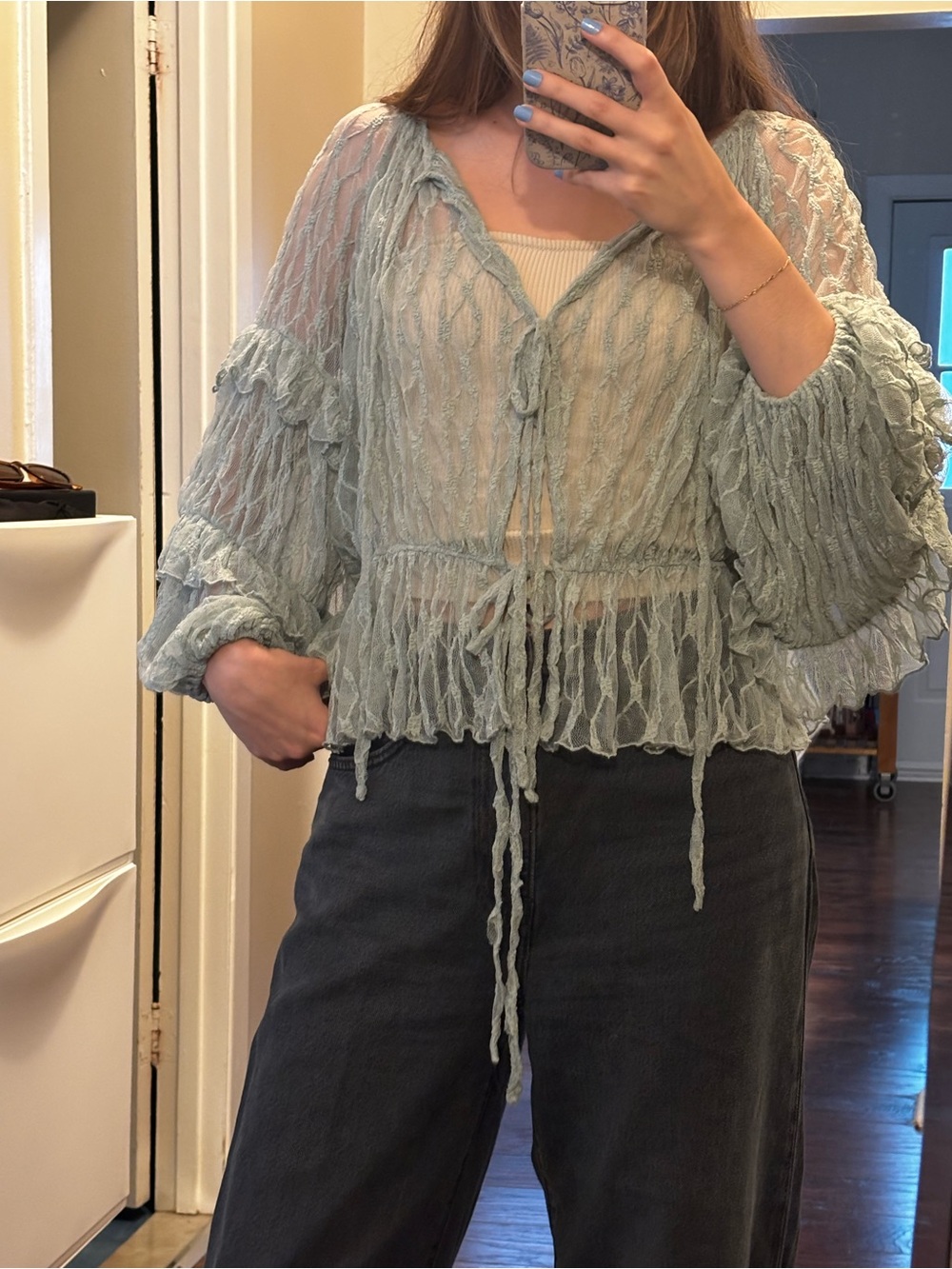 HYFVE Sage/Teal Sheer Textured Tie-Front Blouse